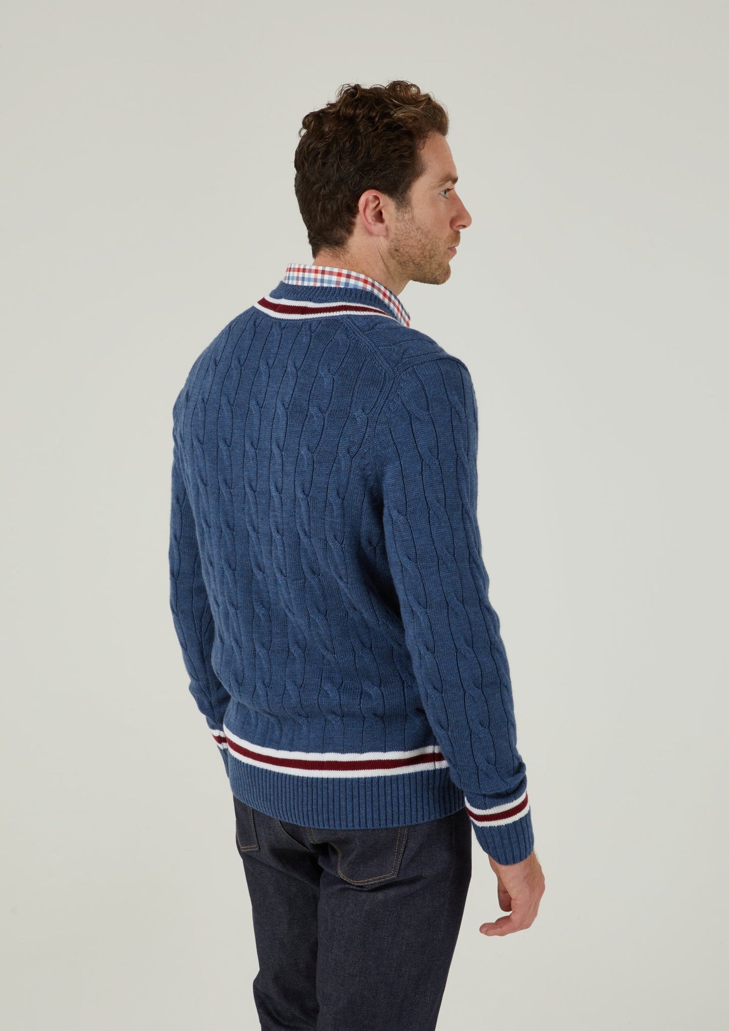 Grafton Men's Merino Wool Cable Cricket Jumper In Denim