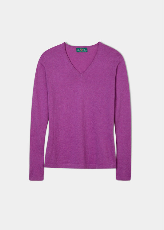 Ladies cotton cashmere jumper in colourway orchid with a vee neck