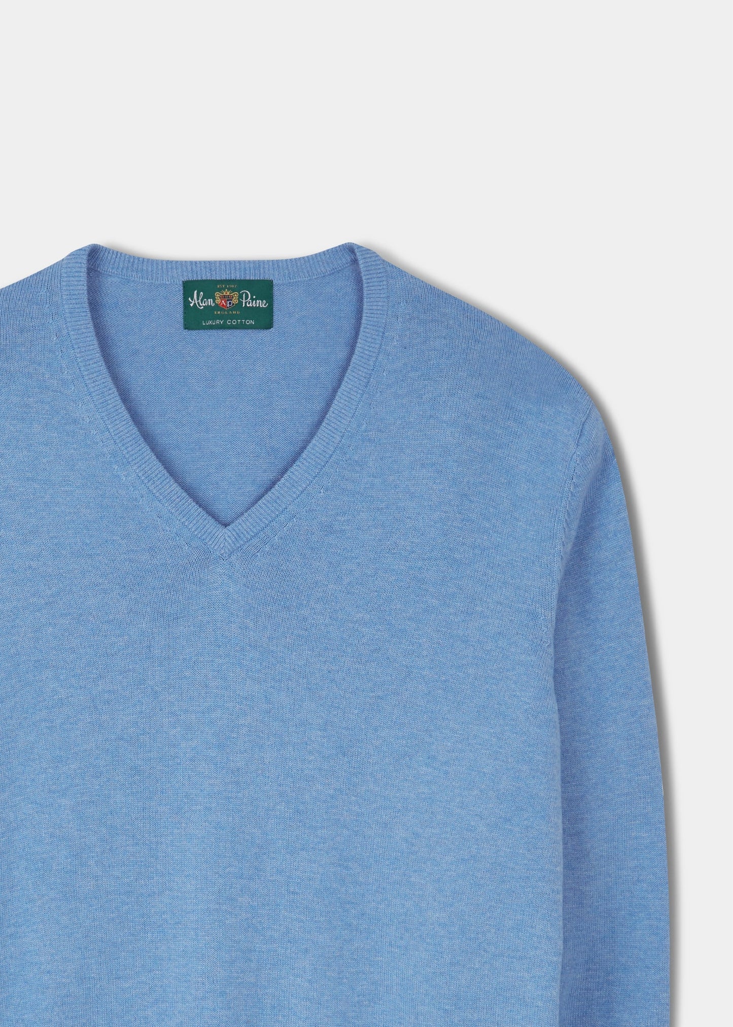 Alan Paine cotton cashmere v-neck jumper in carolina blue