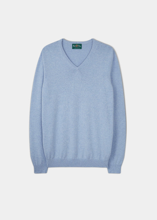 Alan Paine cotton cashmere v-neck jumper in steel blue