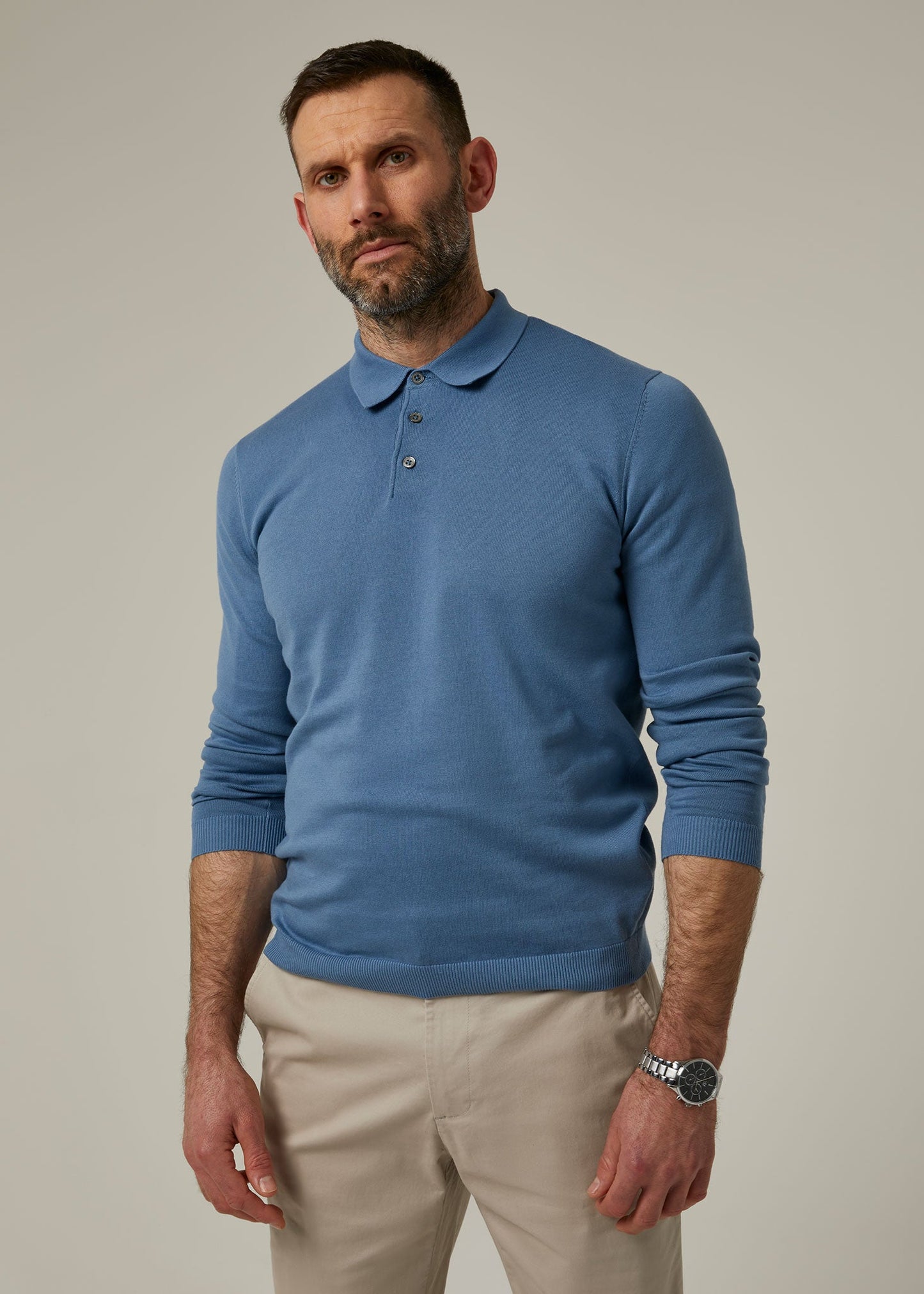 Emsworth Cotton Long Sleeve Polo Shirt in Airforce