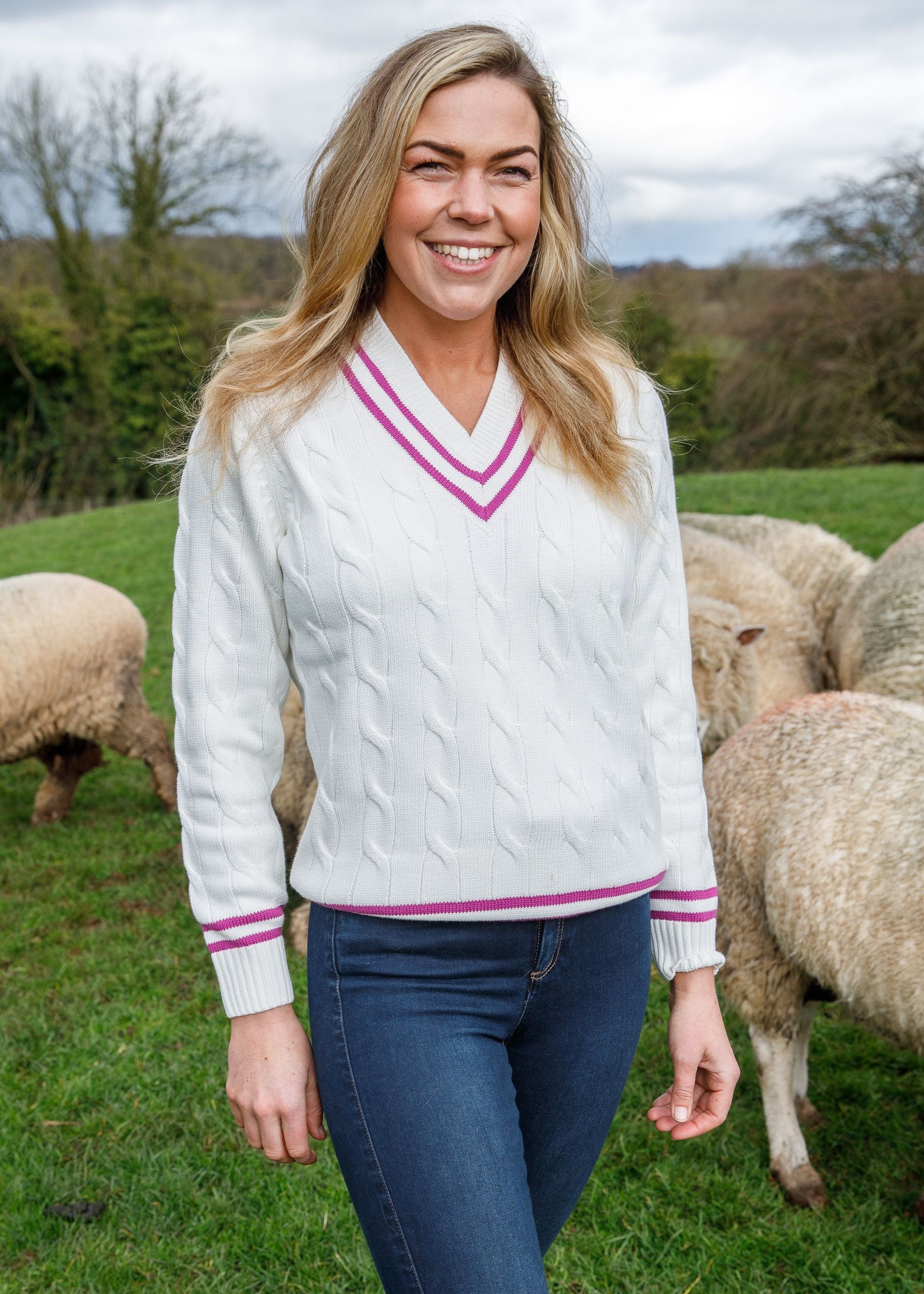 Ladies Vee Neck Cable Knit Cricket Jumper In Ecru and Orchid