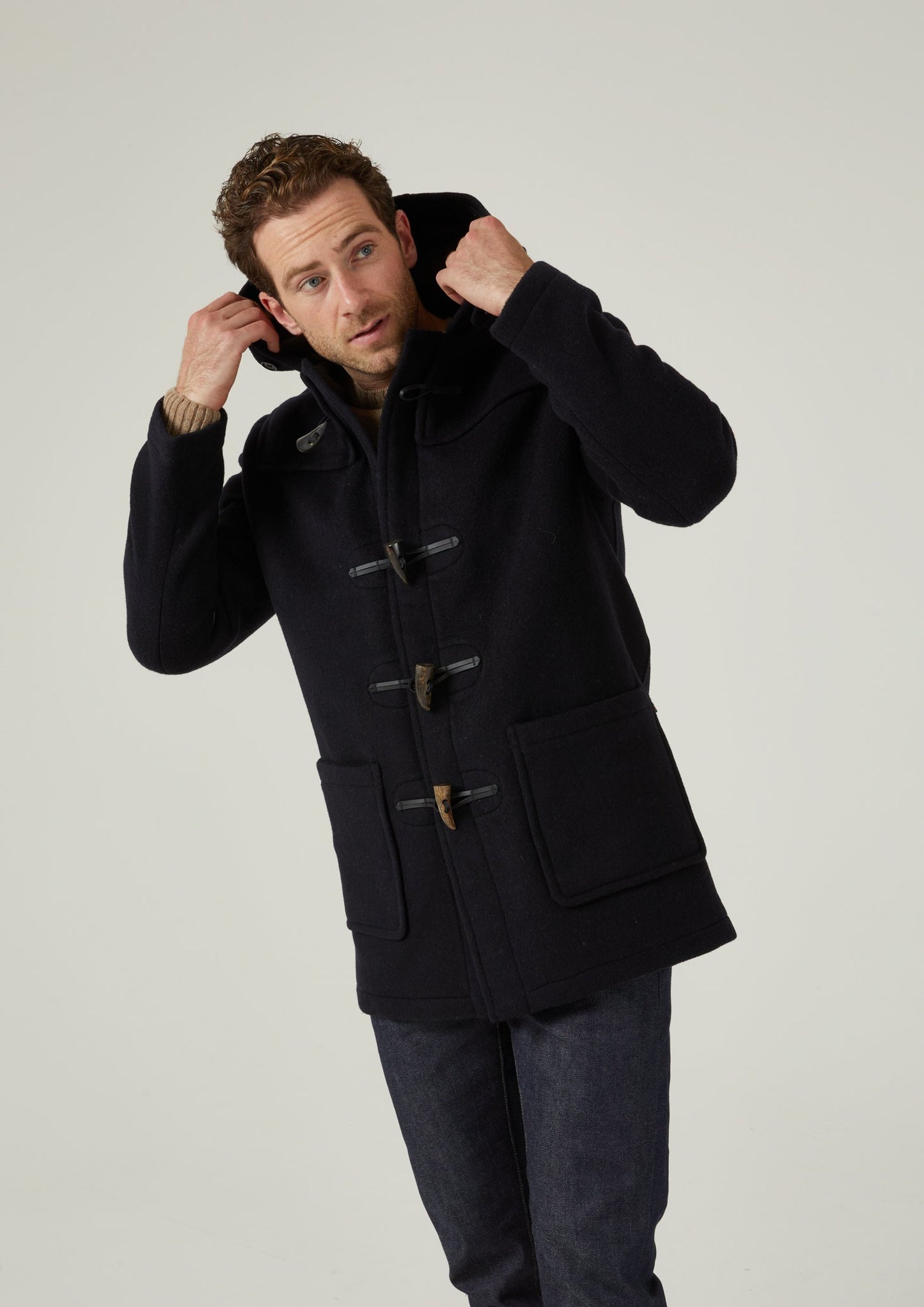 Alcombey Check Back Duffle Coat In Navy.