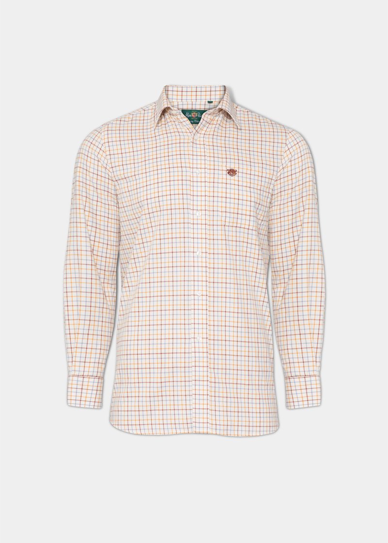 Aylesbury men's brown country check shirt featuring Alan Paine logo.