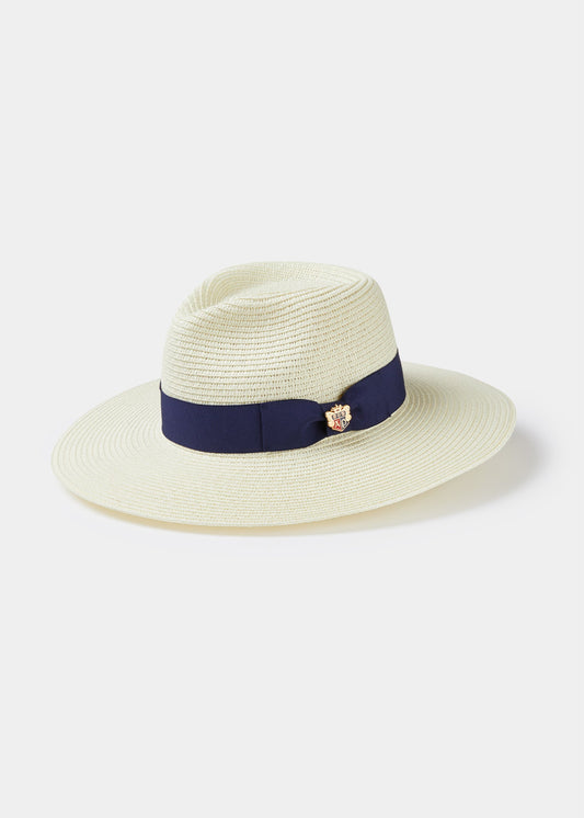 Emelle Straw Hat With Navy Blue Ribbon.