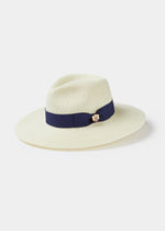 Emelle Straw Hat With Navy Blue Ribbon.