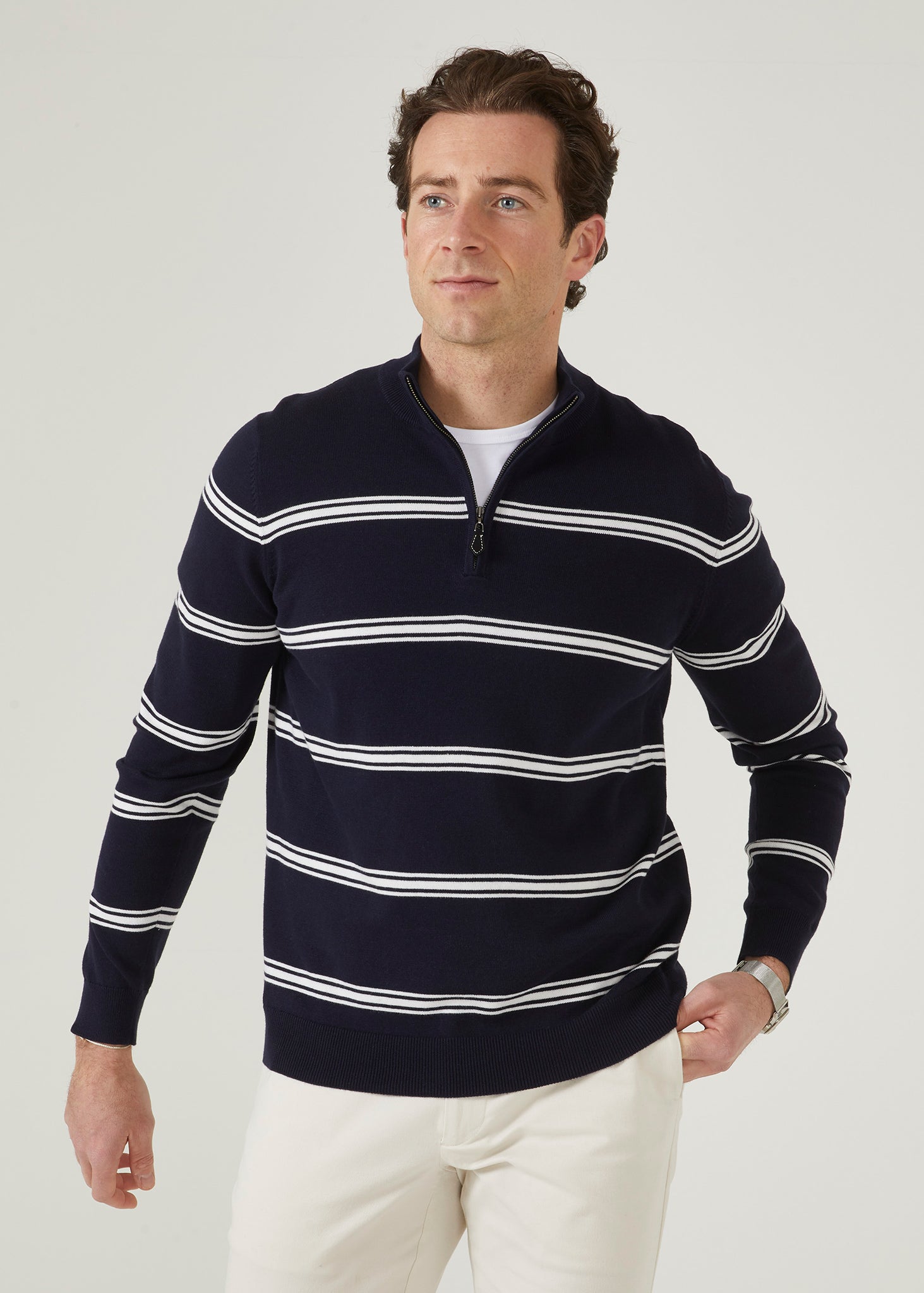 Striped mock neck jumper in dark navy with ecru stripe.