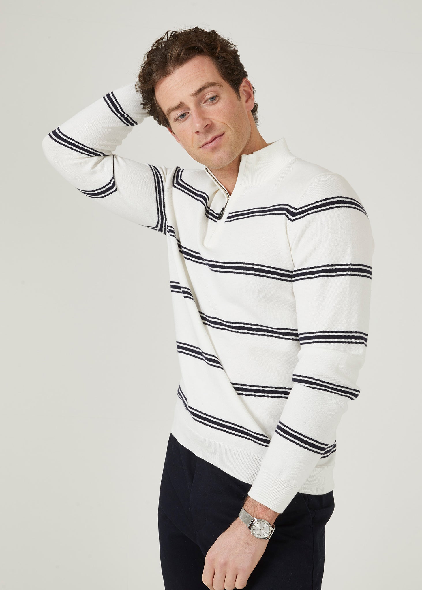 mock neck cotton jumper in ecru with dark navy stripes.