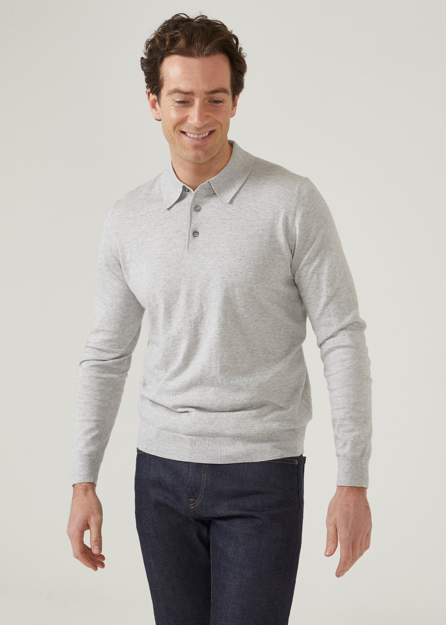 luxury cotton polo shirt with long sleeves an d 3 button design in dove.
