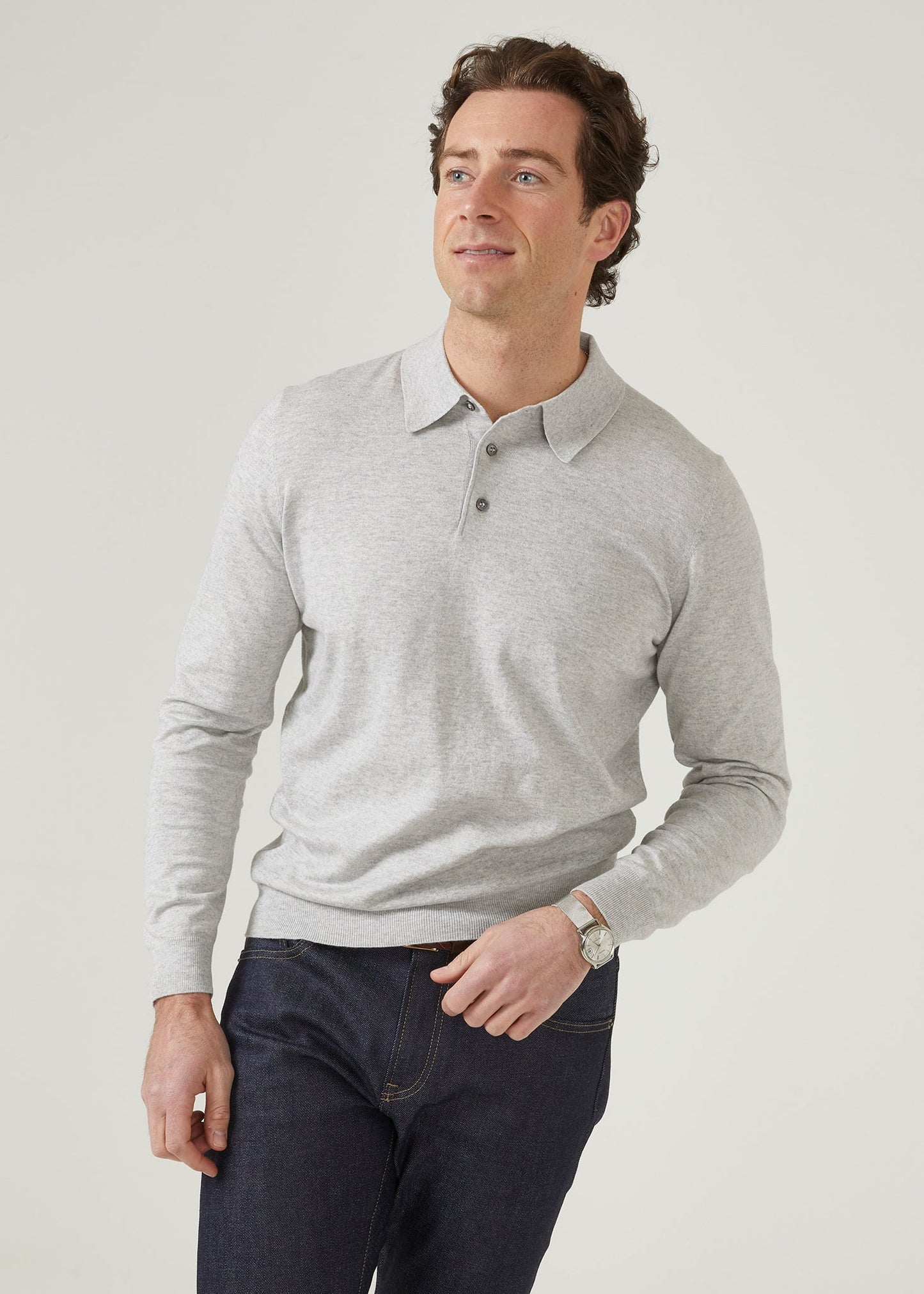 luxury cotton polo shirt with long sleeves an d 3 button design in dove.